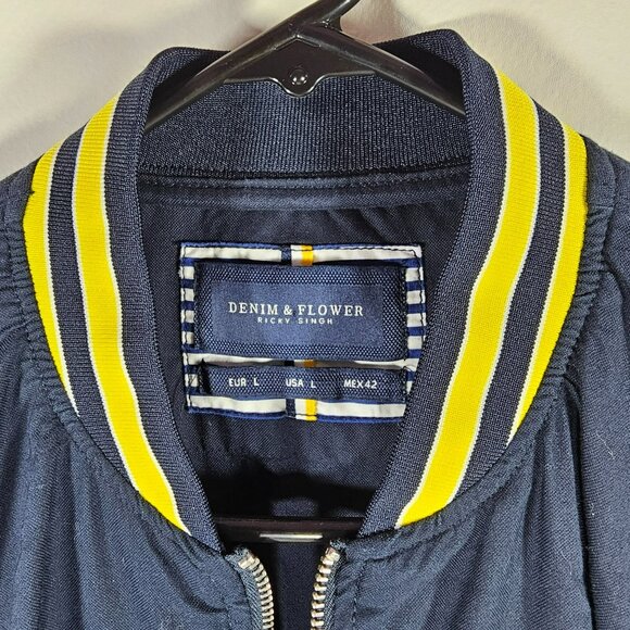 Denim & Flower Ricky Singh Bomber Jacket Mens Size L Navy Blue w/ Yellow Stripes - Picture 2 of 10